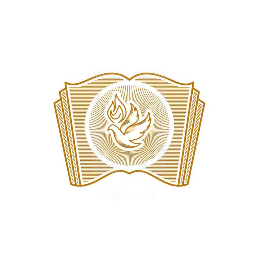 Church logo. Christian symbols. Dove and the flame on the background of an open bible.