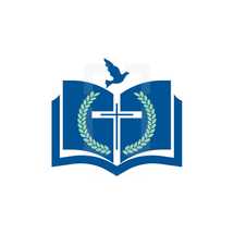 fig, cross, Bible,, pages, dove, icon, blue