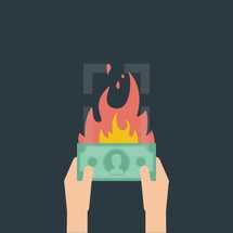 illustration of man holding burning money.