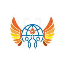 people, globe, wings, tongue of fire, membership, church, holy spirit, logo, icon, community, missions, blue, orange, yellow 