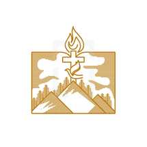 Church logo. Christian symbols. Mountains, the cross of Jesus Christ, a dove and a flame against the background of an open bible.
