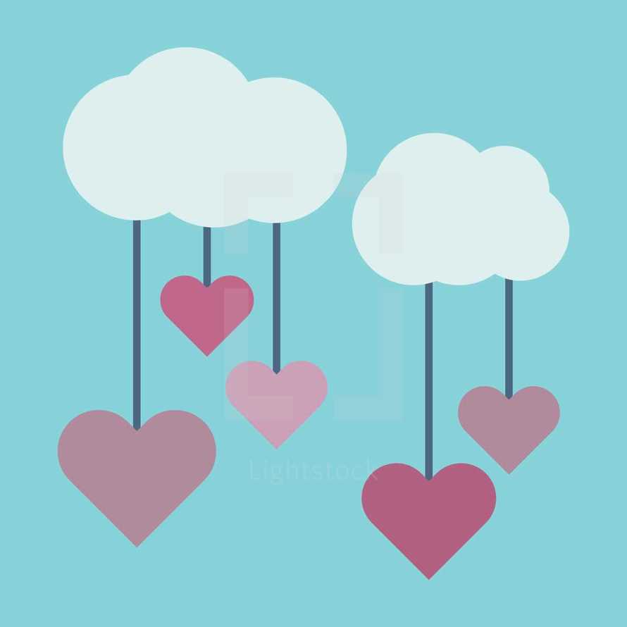 hearts hanging from clouds 
