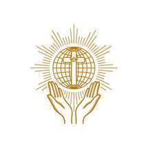 Church logo. Christian symbols. Praying hands are turned to the cross on the background of the globe.