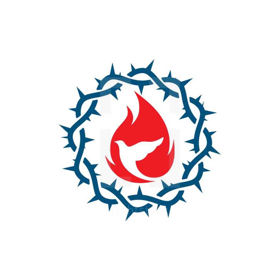 crown of thorns, blue, red, dove, flames, icon