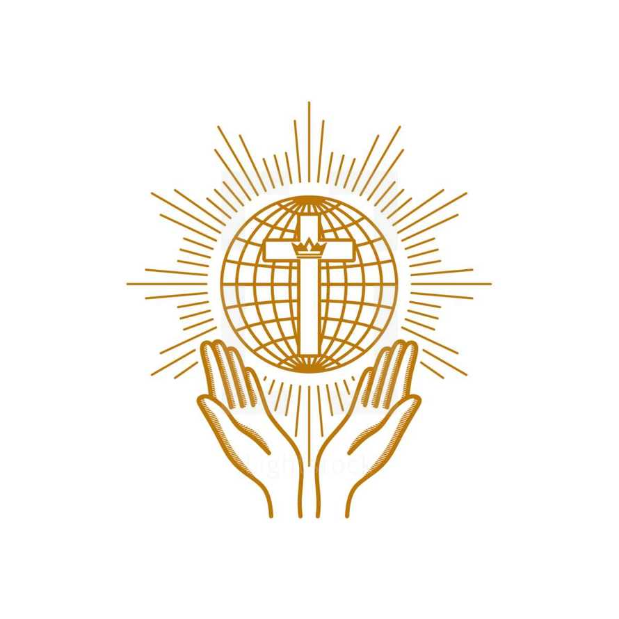 Church logo. Christian symbols. Praying hands are turned to the cross on the background of the globe.