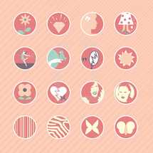 Icons set of flowers, stripes, zebra print, butterfly, girl, woman, icon, moth, heart, broken heart, dancing, bird, broken mirror, sun, diamond, smelly feet, feet, lost slipper, bird on a finger 