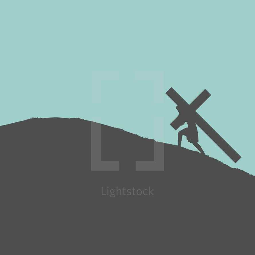 Minimalist Graphic Design Depiction featuring a Silhouette of Jesus Carrying His Own Cross up a Hill to be placed in between the two Crosses of the Thieves or Criminals to be used in the Crucifixion. 