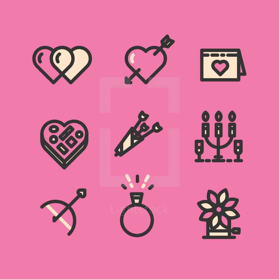 heart, flower, engagement ring, Valentines, Valentines day, cupid, cupid's arrow, bow and arrow, candy, box of candy, candles, card, arrows, icon 