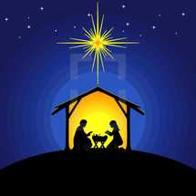 Biblical illustration. Christmas story. Mary and Joseph with the baby Jesus. Nativity scene near the city of Bethlehem.
