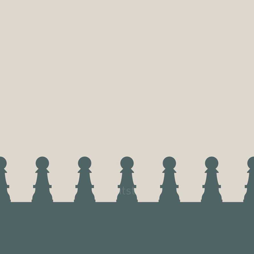 Pawn chess pieces lined up in silhouette. 