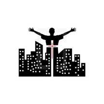 a man with open arms in a city logo