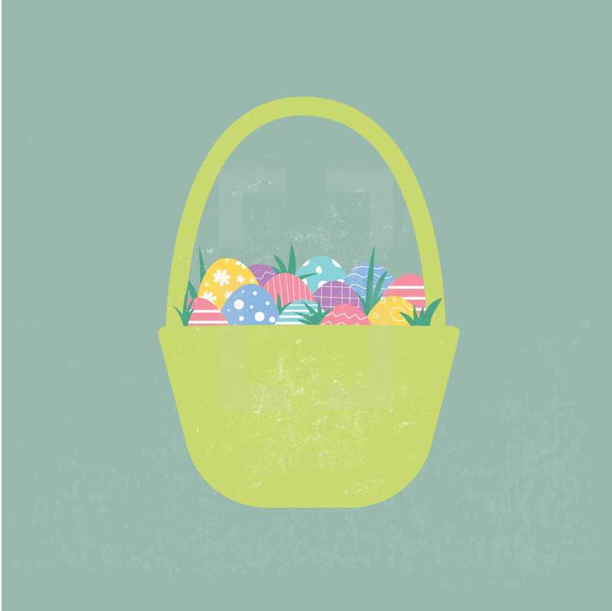 Easter basket filled with decorated pastel Easter eggs with stripes, flowers, polka dots, waves, on a textured background 