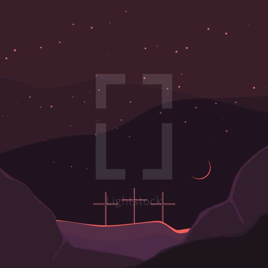 three crosses on a purple landscape at night 