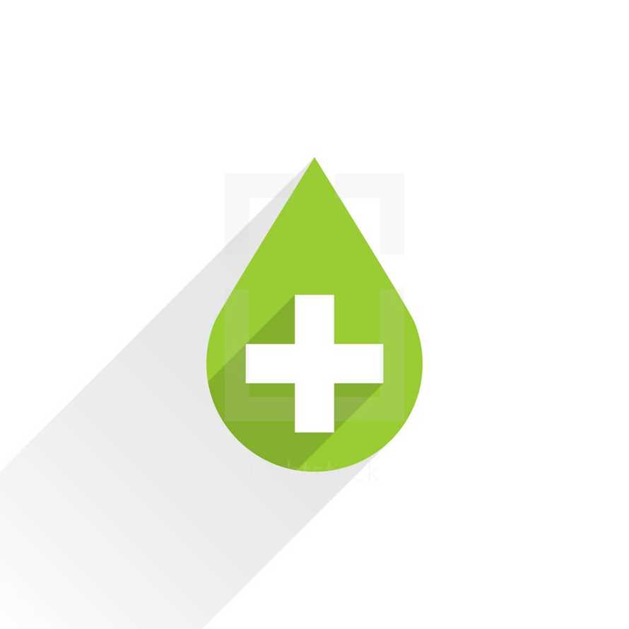 Blood drop vector illustration. Green drop with a white criss cross on a white background. The universal First Aid symbol blob icon with plus sign is created in a flat style with long shadows. The design graphic element is saved as a vector illustration in the EPS file format for used in your design projects.