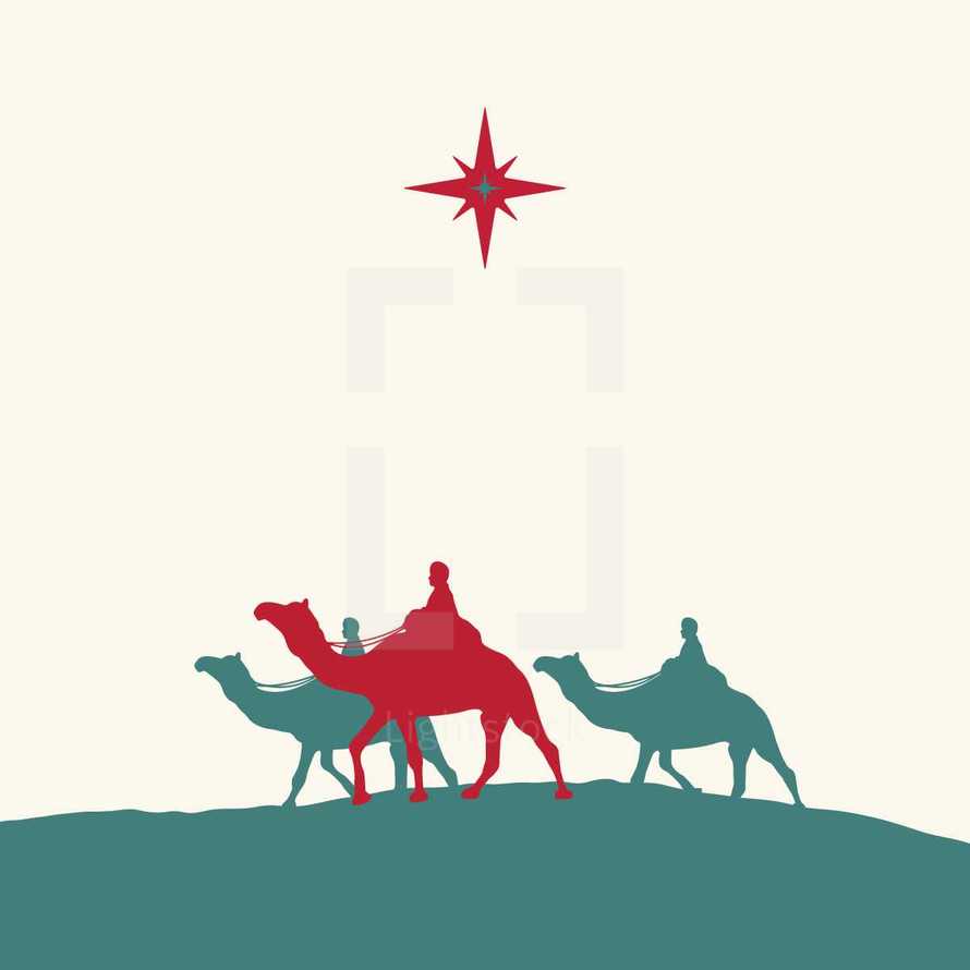 Three wisemen following the star of Bethlehem. 