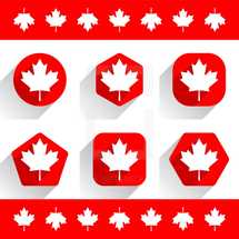 The Maple Leaf or Canadian flag with gray drop shadow on red various shapes in flat style. This design graphic element is saved as a vector illustration in the EPS file format.