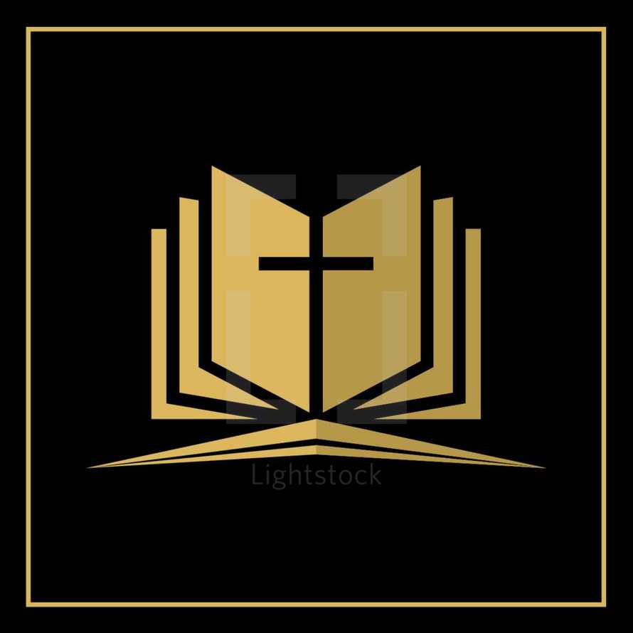 golden cross and Bible logo