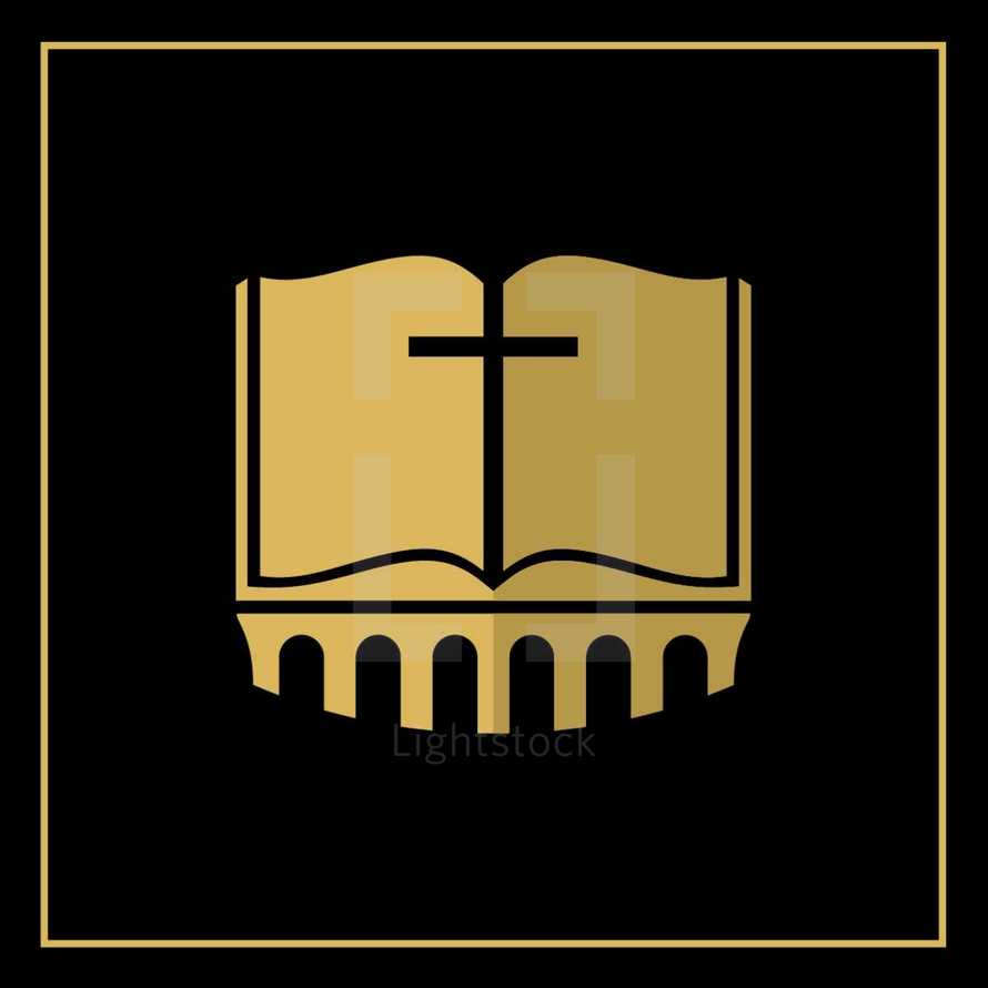 cross and Bible on gold column logo
