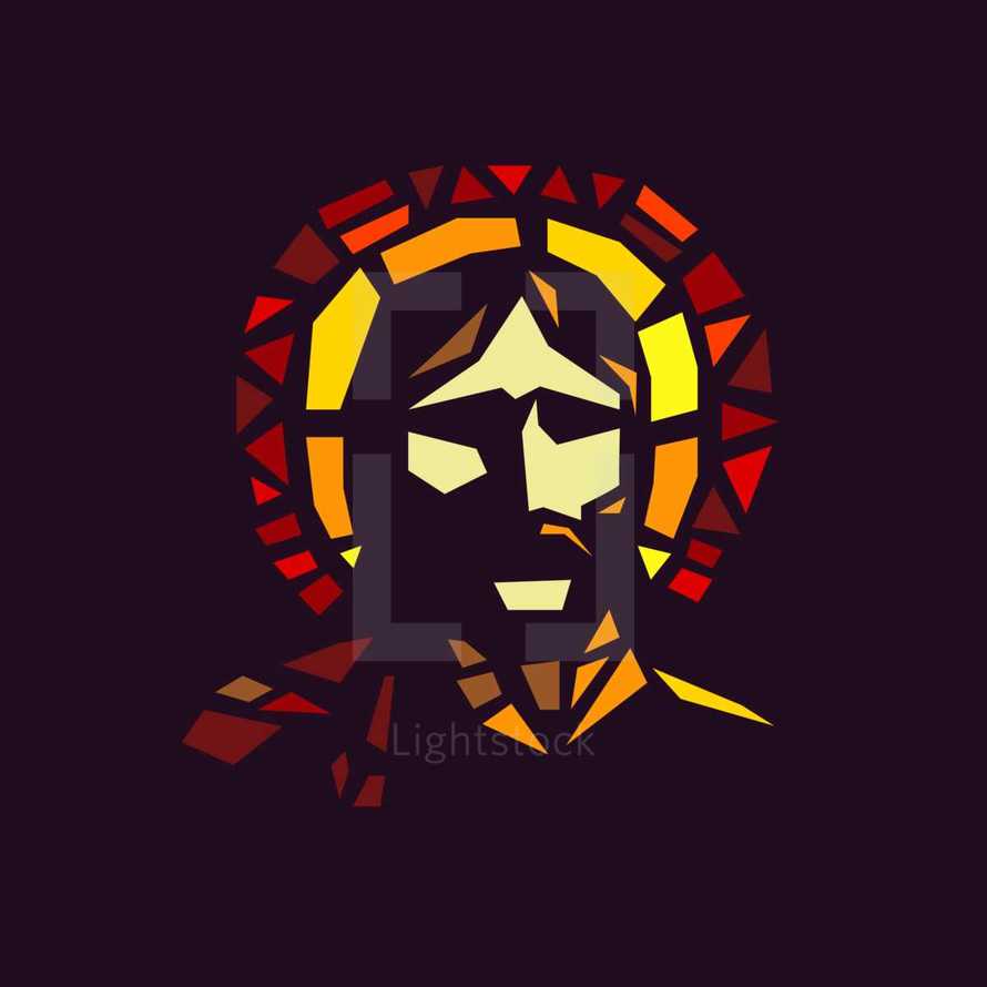 Portrait of Jesus depicted through modern stained glass.