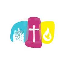 dove, flame, cross, city, logo
