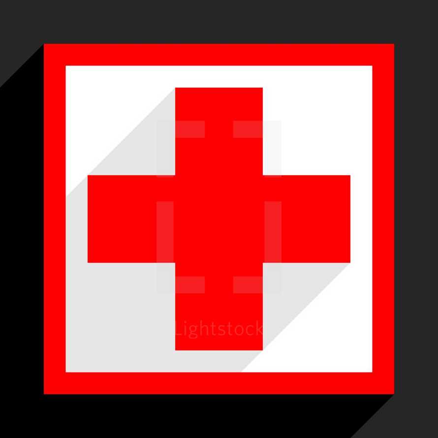 Red cross sign in border with shadow on gray background created in simply trendy flat style. First Aid Symbol or The Red Cross symbol. Red medical sign in square frame isolated on background. The graphic element for design saved as a vector illustration in the EPS file format.