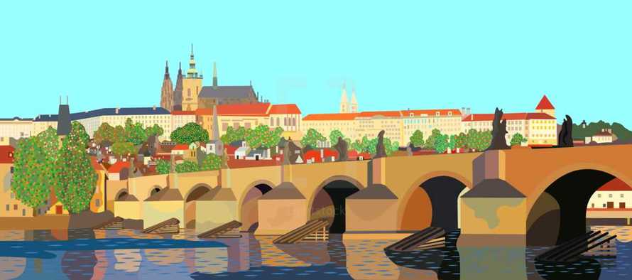 Prague Castle and Charles Bridge in Prague, Czech Republic, a stylized view