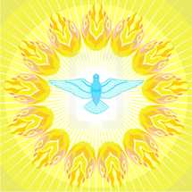 Dove of Holy Spirit surrounded by flames and rays of light