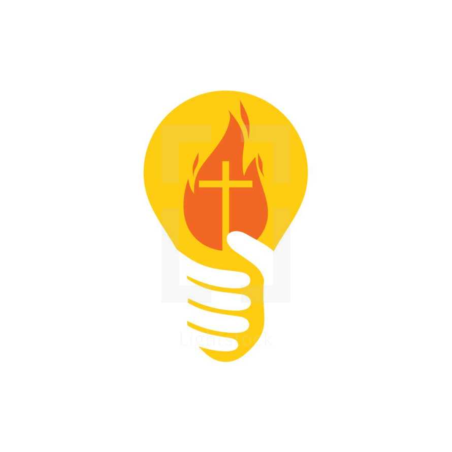 cross in a flame in a lightbulb icon
