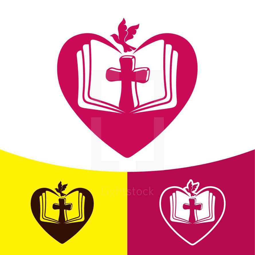 dove, Bible, cross, heart logo