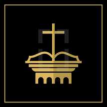 cross, open Bible, on gold column logo