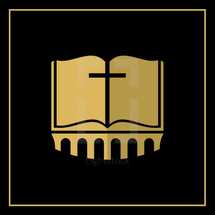 cross and Bible on gold column logo