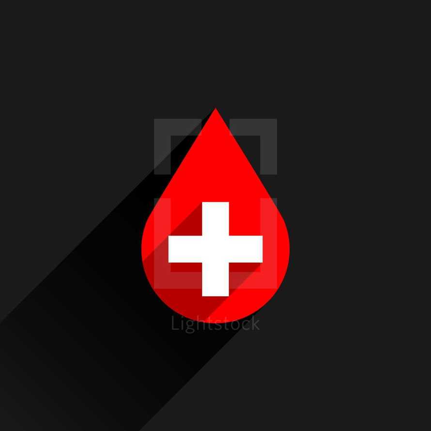 blood donation. Red blood icon with white cross. First aid sign. Graphic element for design saved as an vector illustration in file format EPS