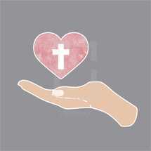 cupped hand holding a heart with cross