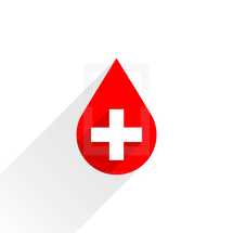 Donate blood red drop sign with white cross and shadow. Graphic element for design saved as an vector illustration in file format EPS