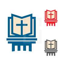 Bible, open Bible, cross, icon, logo, pages, column, pulpit, podium 
