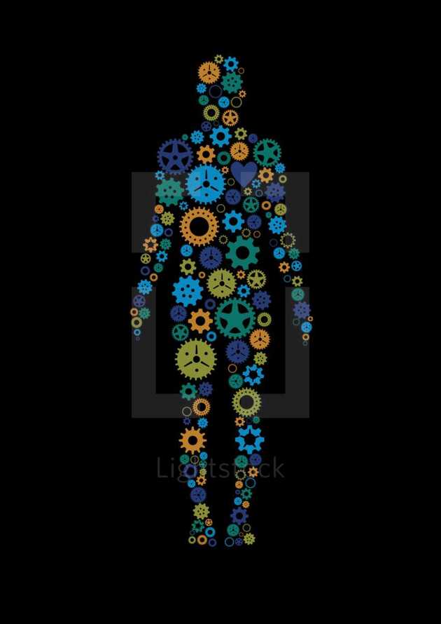 Gears or cogs of various jewel tone colors in the shape of a human body.  Colors and cogs are editable in vector software.