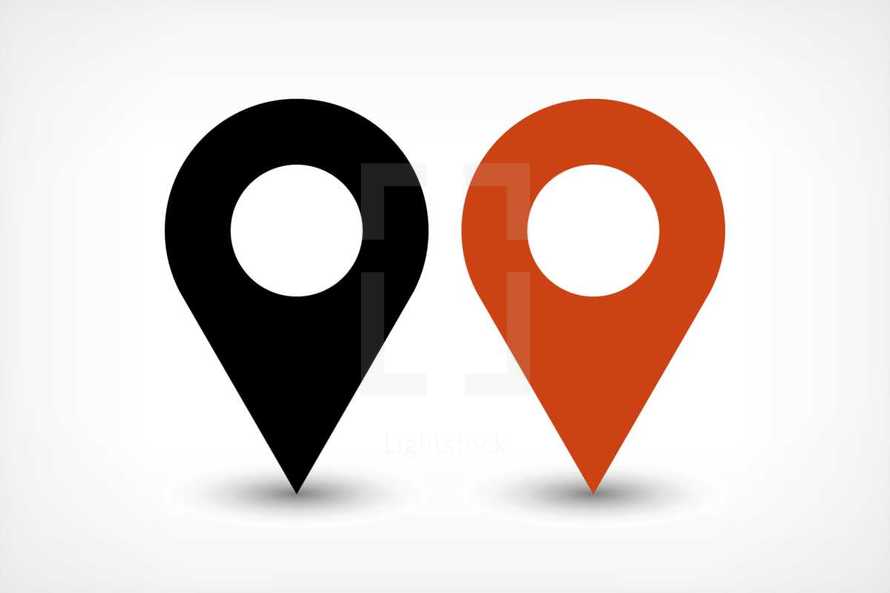 GPS pin points sign. Black and brown colored shape. Map pin sign place location icon created in trendy flat style. The graphic element saved as a vector illustration in the EPS file format for used in your design projects. 