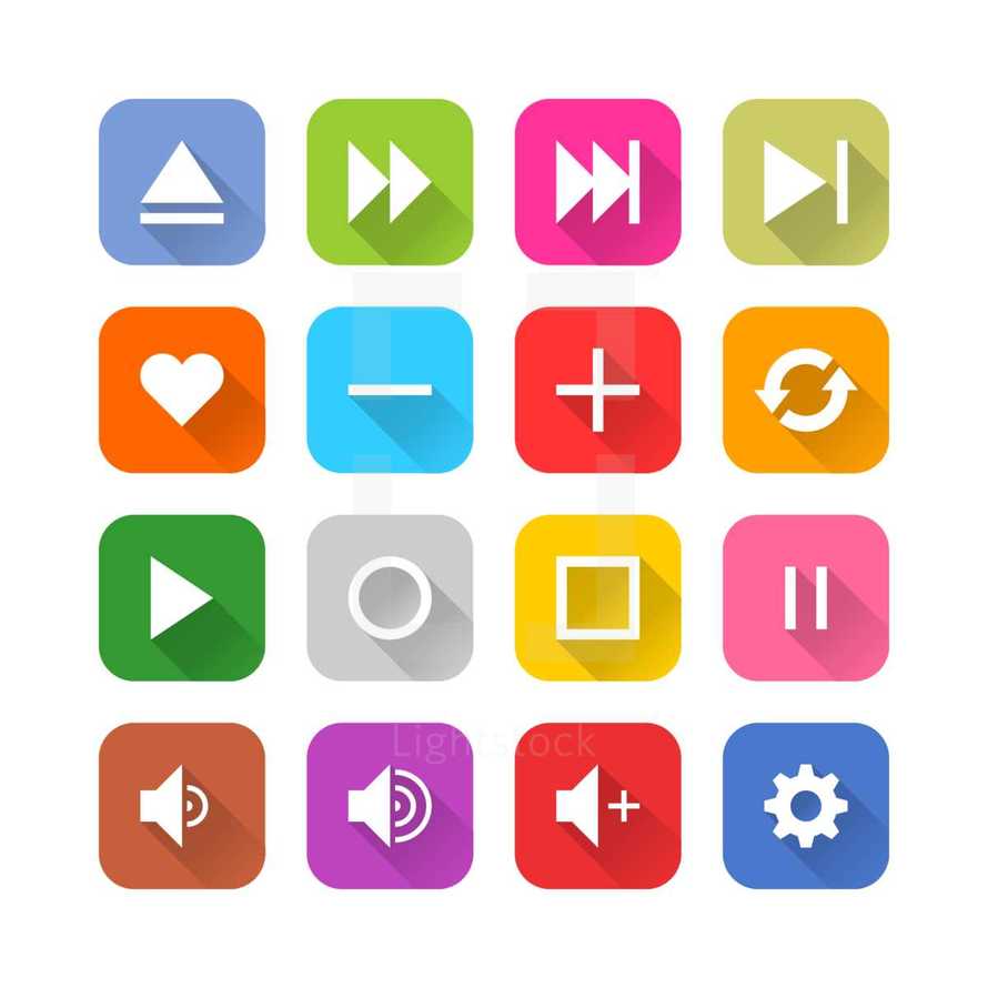 Set of media icons represents a white sign located on the colored rounded square. The web internet buttons isolated on white background. This series designed in simple minimalistic mono flat style with falling long shadow. The design graphic elements are saved as a vector illustration in the EPS file format.