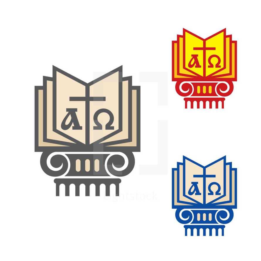 Bible, open Bible, cross, icon, logo, alpha, omega, pages, column