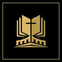  cross, Bible on gold column logo