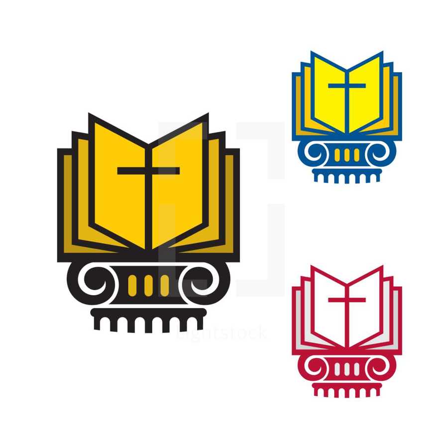 Bible, open Bible, cross, icon, logo, pages, column