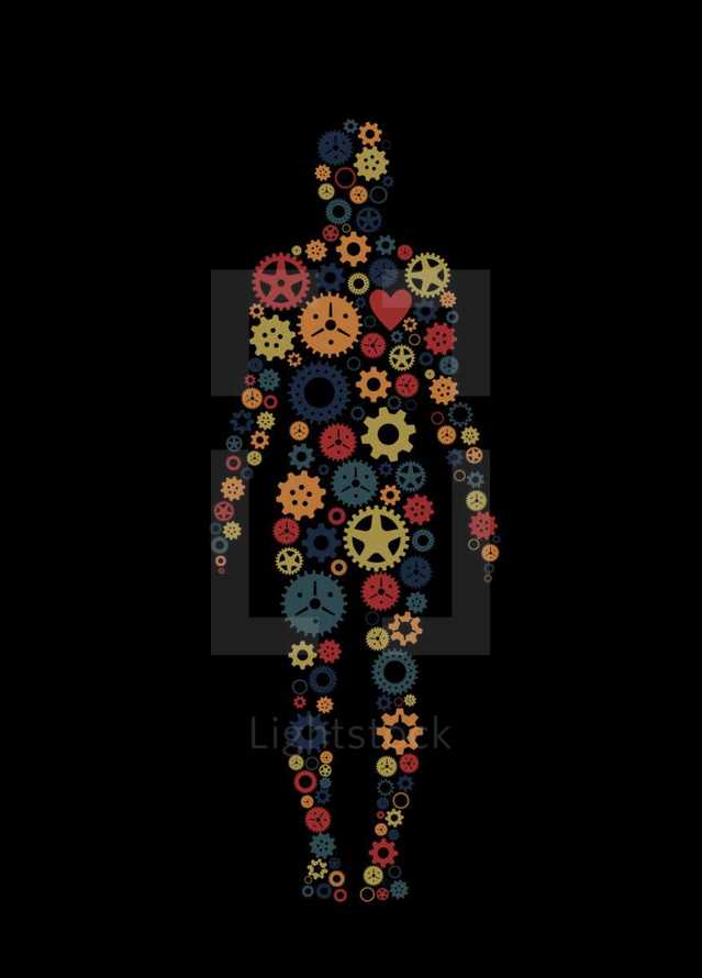 Gears or cogs of various colors in the shape of a human body representing the working body of Christ.  Romans 12:4, "For just as each of us has one body with many members, and these members do not all have the same function,"  
Colors and cogs are editable in vector software.