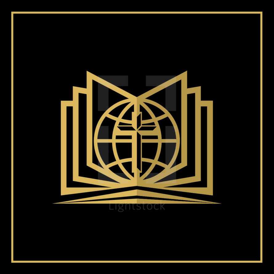 cross, Bible, and globe on gold column logo