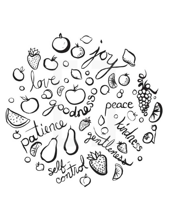 fruits, gentleness, words, text, hand drawn lettering, illustration, kindness, patience, goodness, peace, grapes, strawberry, self-control, virtues, lemon slice, lemon, apple, watermelon, joy, love, orange, Fruit of the Spirit, hand lettered