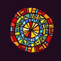 Modern stained glass window of concentric circles.