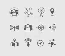 navigation, icon, wifi, direction, atoms, map, pin point, cross, people, membership, compass, volume, connection 