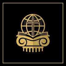 globe, cross, Bible on gold column logo