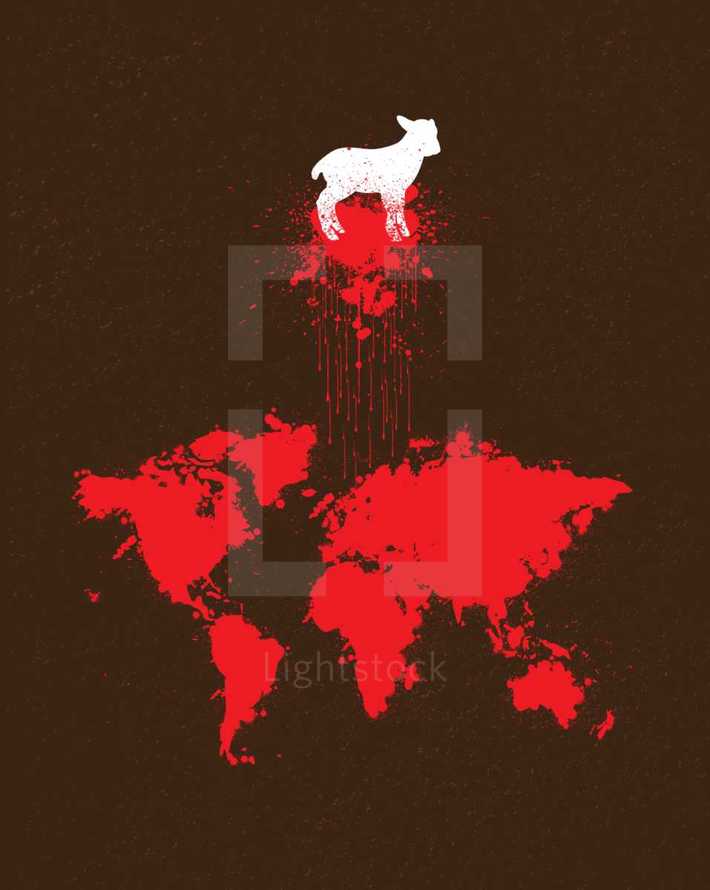 lamb, Lamb of God, Jesus, Blood Shed, Sacrifice, icon, World map, map, Salvation, Redemption, red, Splatter